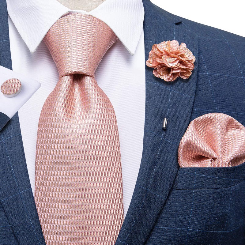DiBanGu Silk Ties for Men Necktie and Lapel Pin Brooch Set Formal Woven Paisley Plaid Striped Solid Tie Wedding Party, Blush Pink - Image 3